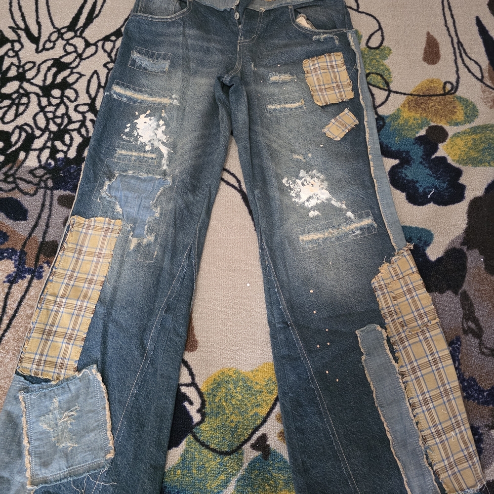 Free People Blue Patchwork Flare Jeans with Plaid Accents